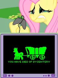 Size: 563x752 | Tagged: crying, derpibooru import, exploitable meme, fluttershy, implied death, implied diarrhea, implied dysentery, meme, obligatory pony, oregon trail, safe, tv meme, video game, you have died of dysentery