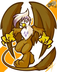 Size: 1024x1280 | Tagged: safe, artist:lilchu, derpibooru import, gilda, gryphon, abstract background, bipedal, chest fluff, female, looking at you, qr code, solo, spread wings, walking, wings