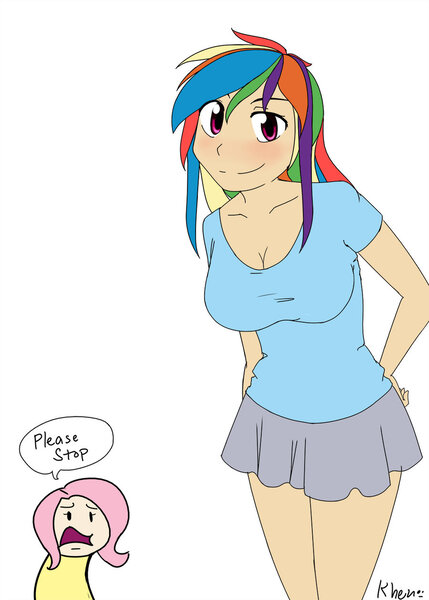 Size: 900x1260 | Tagged: artist:kprovido, breast envy, breasts, busty rainbow dash, clothes, delicious flat chest, derpibooru import, female, flattershy, fluttershy, human, humanized, light skin, rainbow dash, safe, short skirt, skirt