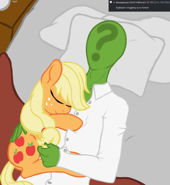 Size: 997x1083 | Tagged: applejack, artist:mostazathy, bed, cuddling, derpibooru import, human, oc, oc:anon, on back, request, safe, snuggling