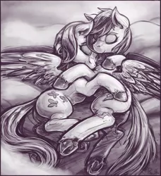 Size: 1280x1406 | Tagged: safe, artist:bantha, derpibooru import, fluttershy, rainbow dash, cloud, cloudy, cuddling, eyes closed, female, flutterdash, grayscale, hooves, lesbian, monochrome, shipping, side, sleeping, smiling, snuggling, spread wings, underhoof, unshorn fetlocks