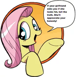 Size: 429x431 | Tagged: bad advice fluttershy, derpibooru import, exploitable meme, fat, fluttershy, girlfriend, idw, meme, safe, solo