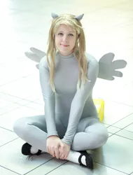 Size: 779x1025 | Tagged: artist:crystalmimi, catsuit, cosplay, cute, derpibooru import, derpy hooves, human, irl, irl human, looking at you, photo, safe, solo, spandex