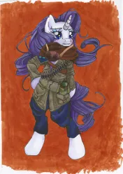 Size: 1500x2132 | Tagged: safe, artist:monikakryza, derpibooru import, rarity, pony, bipedal, clothes, soldier, solo