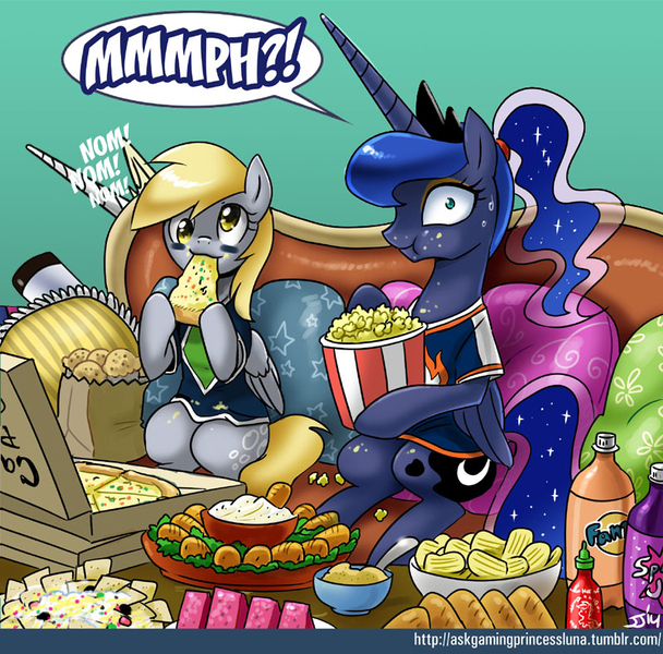 Size: 800x790 | Tagged: safe, artist:johnjoseco, derpibooru import, edit, derpy hooves, princess celestia, princess luna, twilight sparkle, pegasus, pony, ask gaming princess luna, princess molestia, american football, chips, female, mare, pizza, popcorn, soda, super bowl