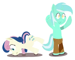 Size: 2000x1592 | Tagged: safe, artist:okami-ano-usagi, derpibooru import, bon bon, lyra heartstrings, sweetie drops, earth pony, pony, unicorn, bipedal, clothes, cow tipping, pants, simple background, smiling, transparent background