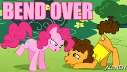 Size: 596x338 | Tagged: bend over, caption, cheese sandwich, derpibooru import, edit, edited screencap, female, image macro, impact font, male, pinkie pie, pinkie pride, pink text, screencap, straight, suggestive