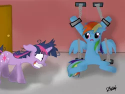 Size: 1032x774 | Tagged: artist:lerkoto, chained, derpibooru import, rainbow dash, semi-grimdark, shackles, twilight snapple, twilight sparkle, unsexy bondage