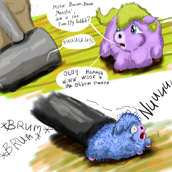 Size: 800x800 | Tagged: 2 panel comic, artist:artist-kun, comic, fluffy pony, fluffy pony foal, fluffy pony grimdark, fluffy pony mother, grimdark, stuck, stupidity, vacuum cleaner