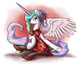 Size: 1280x1067 | Tagged: alternate hairstyle, artist:king-kakapo, cheongsam, clothes, derpibooru import, dress, high heels, princess celestia, red dress, safe, solo, stockings