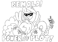 Size: 1024x745 | Tagged: safe, artist:dragonboi471, derpibooru import, carrot top, golden harvest, pinkie pie, rainbow dash, oc, oc:neon streak, pony, bipedal, monochrome, plot, plot pair, power of plot, sunglasses