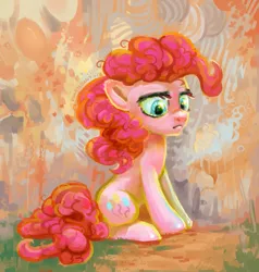 Size: 1683x1769 | Tagged: safe, artist:kaermter, derpibooru import, pinkie pie, earth pony, pony, cute, diapinkes, ear fluff, female, frown, lidded eyes, looking down, mare, sad, sadorable, sitting, solo