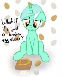 Size: 800x985 | Tagged: artist:moemneop, conspiracy lyra, derpibooru import, egg, existential crisis, floppy ears, frown, lyra heartstrings, lyre, meme, sad, safe, sitting, solo