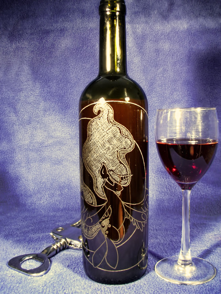 Size: 2448x3264 | Tagged: safe, artist:kelisah, artist:ksander-zen, derpibooru import, princess luna, alcohol, bottle, craft, engraving, eyes closed, photo, smiling, spread wings, wine