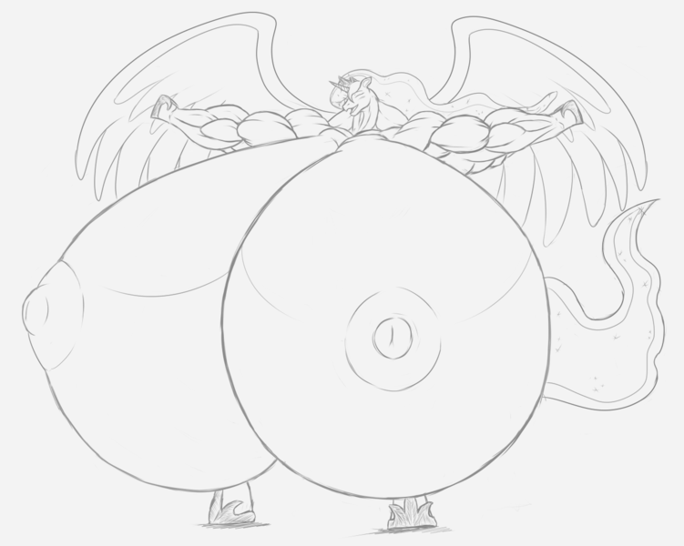 Size: 1280x1022 | Tagged: anthro, artist:huttuskamies, big breasts, breasts, breasts on floor, busty princess luna, derpibooru import, female, flexing, huge breasts, hyper, hyper breasts, impossibly large breasts, monochrome, muscles, nipples, nudity, princess luna, princess muscle moona, questionable, solo, solo female