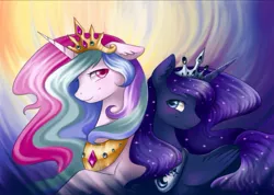 Size: 1024x729 | Tagged: safe, artist:mausefang, derpibooru import, princess celestia, princess luna, alicorn, pony, blushing, bust, colored pupils, duo, ear fluff, female, floppy ears, looking at you, mare, portrait, sisters, smiling, wingding eyes