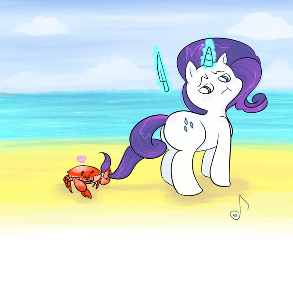 Size: 800x800 | Tagged: artist:hartnote, beach, crab, crab fighting a giant rarity, derpibooru import, giant crab, heart, rarity, rarity fighting a giant crab, safe, this kills the crab