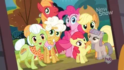 Size: 1440x810 | Tagged: safe, derpibooru import, edit, edited screencap, screencap, apple bloom, applejack, big macintosh, goldie delicious, granny smith, maud pie, pinkie pie, earth pony, ghost, pony, pinkie pride, hub logo, male, stallion, the ghost of obsidian pie