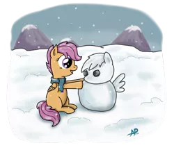 Size: 1160x1000 | Tagged: safe, artist:sgtgarand, derpibooru import, scootaloo, clothes, scarf, snow, snowfall, snowpony, solo, winter