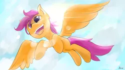 Size: 1920x1080 | Tagged: safe, artist:hajijack520, derpibooru import, scootaloo, pegasus, pony, blank flank, cloud, female, filly, flying, lens flare, scootaloo can fly, signature, sky, smiling, solo, sun