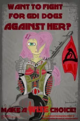 Size: 1087x1649 | Tagged: artist:lunarinitiate, brotherhood of nod, command and conquer, derpibooru import, fluttershy, global defense initiative, human, humanized, pony coloring, poster, propaganda, safe, solo