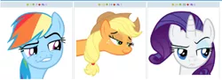 Size: 472x171 | Tagged: applejack, derp face, derpibooru, derpibooru import, exploitable meme, juxtaposition, juxtaposition win, looking, meme, meta, rainbow dash, rarity, safe, simple background, vector, white background