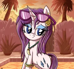 Size: 990x924 | Tagged: alternate hairstyle, artist:daniel-sg, derpibooru import, rarity, safe, solo, sunglasses, swimming pool