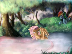 Size: 1600x1200 | Tagged: safe, artist:miokomata, derpibooru import, fluttershy, rainbow dash, bathing, female, floppy ears, flutterdash, gritted teeth, lesbian, outdoors, pond, raised leg, shipping, spread wings, tree, watching, water, wet