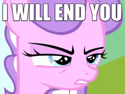 Size: 600x450 | Tagged: angry, caption, death threat, derpibooru import, diamond tiara, image macro, pinkie pride, reaction image, safe, solo, threat