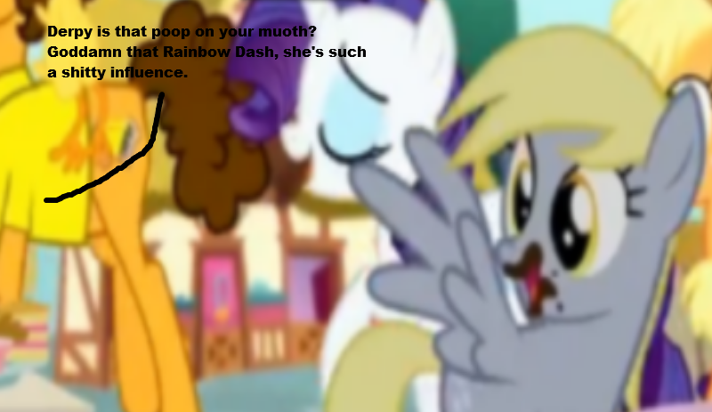 Size: 800x463 | Tagged: questionable, derpibooru import, applejack, cheese sandwich, derpy hooves, rarity, pegasus, pony, pinkie pride, background pony strikes again, chocolate, female, mare, misspelling, poop, scat, vulgar