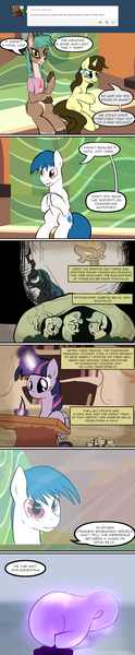 Size: 800x3883 | Tagged: safe, artist:sevireth, derpibooru import, idw, apple bloom, queen chrysalis, scootaloo, sweetie belle, twilight sparkle, twilight sparkle (alicorn), oc, oc:bright spark, oc:fafaeli, oc:roboshi, alicorn, changeling, deer, pony, ask, crufavers, female, klein bottle, klein-o-scope, mare, tumblr