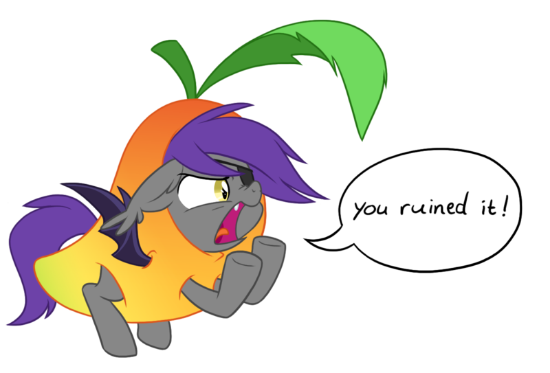Size: 1296x880 | Tagged: safe, artist:equestria-prevails, derpibooru import, oc, unofficial characters only, bat pony, pony, angry, bat pony oc, clothes, costume, cute little fangs, ear tufts, fangs, female, floppy ears, food costume, frown, glare, mango, mare, nose wrinkle, open mouth, reaction image, simple background, solo, speech bubble, spread wings, transparent background, underhoof, yelling, you ruined it