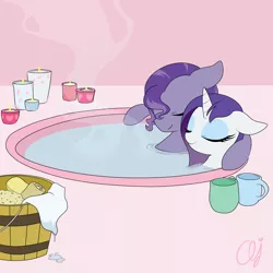 Size: 3000x3003 | Tagged: safe, artist:inkie-heart, derpibooru import, rarity, oc, oc:kydose, candle, canon x oc, hot tub, raridose, relaxing, romantic, wet, wet mane, wet mane rarity