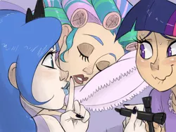 Size: 1600x1200 | Tagged: artist:thelivingmachine02, derpibooru import, face doodle, hair curlers, human, humanized, incoming prank, light skin, lipstick, marker, nail polish, prank, princess celestia, princess luna, safe, sleeping, this will end in tears and/or a journey to the moon, twilight sparkle