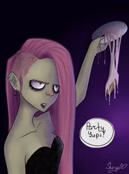 Size: 771x1037 | Tagged: safe, artist:nyako-shoyu, derpibooru import, pinkie pie, human, cake, clothes, cross, dark, dress, eyeshadow, food, humanized, light skin, lipstick, piercing, pinkamena diane pie, solo, undercut