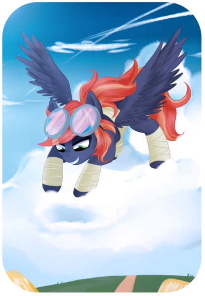 Size: 3457x5000 | Tagged: safe, artist:chokico, derpibooru import, oc, oc:femme flare, unofficial characters only, pegasus, pony, bandage, cloud, cloudy, goggles, solo