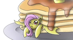 Size: 800x448 | Tagged: safe, artist:norcinu, derpibooru import, fluttershy, bat pony, pony, :<, butter, cute, ear tufts, female, flutterbat, food, giant/tiny, looking up, mare, micro, pancakes, plate, prone, shyabates, shyabetes, simple background, solo, stuck, syrup, white background