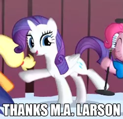 Size: 623x600 | Tagged: safe, derpibooru import, edit, edited screencap, screencap, rarity, alicorn, pony, pinkie pride, animation error, caption, everyone is an alicorn, image macro, meme, race swap, raricorn, thanks m.a. larson