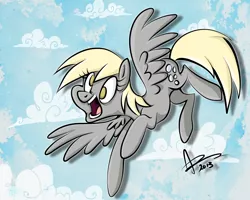 Size: 1280x1024 | Tagged: safe, artist:amyvstheworld, derpibooru import, derpy hooves, pegasus, pony, cloud, cloudy, female, flying, mare, solo