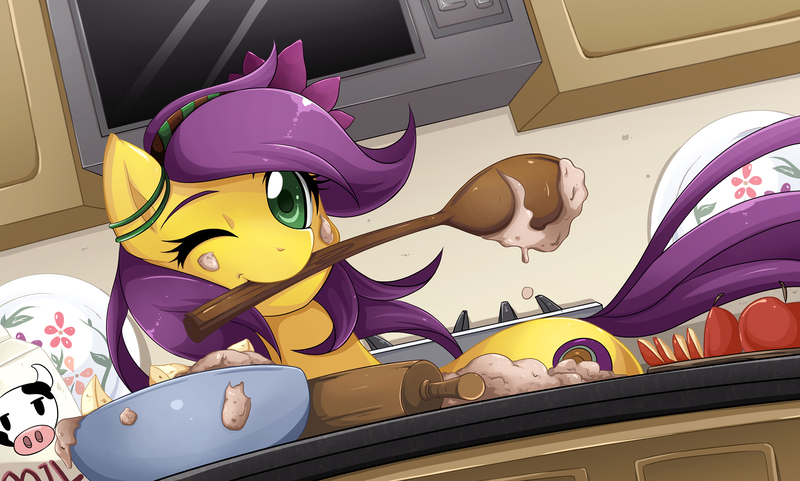 Size: 1500x902 | Tagged: safe, artist:jinzhan, derpibooru import, oc, unofficial characters only, earth pony, pony, apple, baking, bowl, cooking, female, food, headband, kitchen, looking at you, mare, milk, mixing bowl, mouth hold, one eye closed, plate, rolling pin, solo, wink