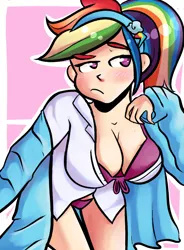 Size: 734x1000 | Tagged: artist:php52, bikini, blushing, breasts, busty rainbow dash, cleavage, clothes, derpibooru import, female, human, humanized, light skin, rainbow dash, solo, solo female, suggestive, swimsuit