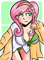 Size: 734x1000 | Tagged: artist:php52, bikini, blushing, breasts, busty fluttershy, cleavage, clothes, derpibooru import, female, fluttershy, headband, human, humanized, light skin, solo, solo female, suggestive, swimsuit