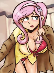 Size: 1101x1500 | Tagged: artist:king-kakapo, artist:php52, bikini, blushing, breasts, busty fluttershy, cleavage, clothes, colored, derpibooru import, female, fluttershy, headband, human, humanized, light skin, solo, solo female, suggestive, swimsuit