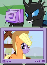 Size: 563x771 | Tagged: applebuck season, applejack, artist:superedit, bodysuit, changeling, derpibooru import, disguise, edit, edited screencap, exploitable meme, facerip, meme, obligatory pony, ponysuit, safe, screencap, tv meme, twiface, twilight sparkle, wat, wrong neighborhood