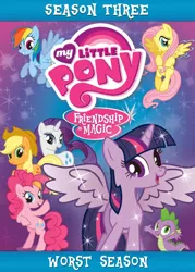 Size: 1072x1500 | Tagged: safe, derpibooru import, edit, applejack, fluttershy, pinkie pie, rainbow dash, rarity, spike, twilight sparkle, twilight sparkle (alicorn), alicorn, pony, season 3, background pony strikes again, cover, drama, drama bait, dvd cover, female, mane seven, mane six, mare, troll