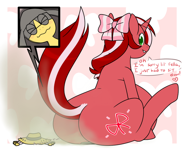 Size: 1182x965 | Tagged: artist:redintravenous, bow, chubby, dialogue, face fart, facesitting, fart, fart noise, fat, flattened, hat, helioptile, oc, oc:red ribbon, plot, pokémon, questionable