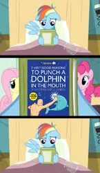 Size: 581x1000 | Tagged: safe, derpibooru import, edit, edited screencap, screencap, rainbow dash, dolphin, earth pony, pegasus, pony, read it and weep, animal abuse, bed, book, comic, floppy ears, hospital bed, meme, reading rainbow, screencap comic, the oatmeal