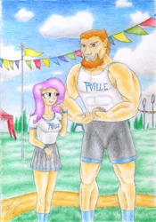 Size: 1631x2329 | Tagged: artist:sinaherib, beard, bulk biceps, clothes, derpibooru import, duo, facial hair, flexing, fluttershy, human, humanized, light skin, muscles, rainbow falls, rainbow falls (location), safe, scene interpretation, skirt, tanktop, traditional art