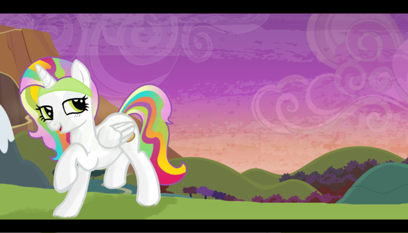 Size: 1024x585 | Tagged: safe, artist:monkfishyadopts, derpibooru import, oc, oc:lillilee, unofficial characters only, pegasus, pony, blushing, fake horn, horn headband, mary sue, ms paint, solo, sunset, wannabe alicorn