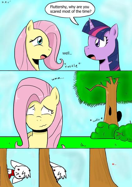 Size: 1240x1754 | Tagged: artist:sonikku001, derpibooru import, edit, fluttershy, safe, scared, tree, twilight sparkle